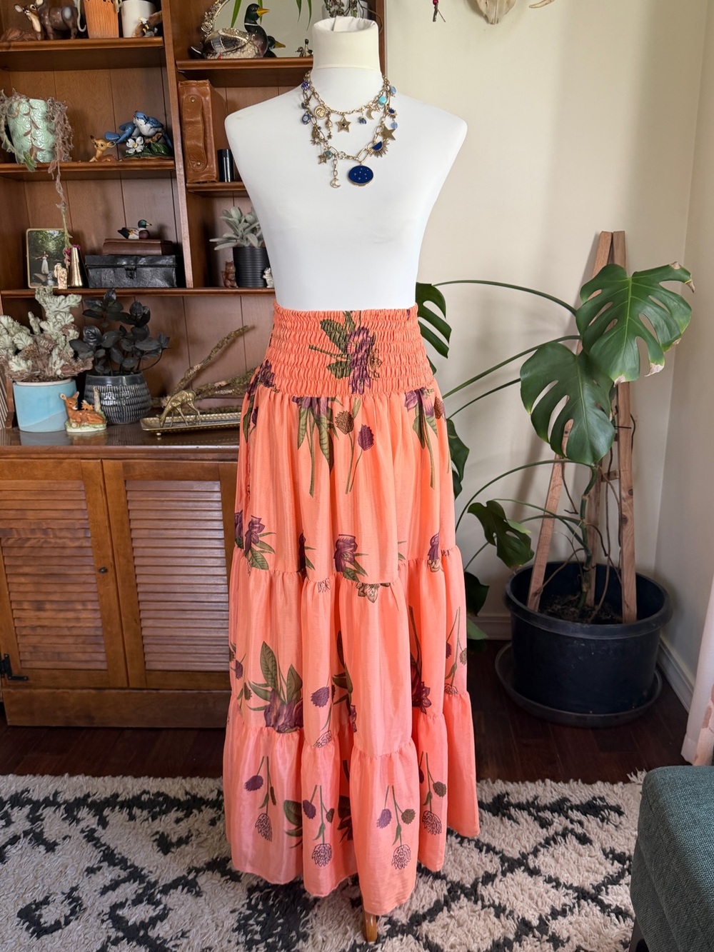 Wild Child Silk Smocked Waist Maxi Skirt Dress Top OS XL & Under